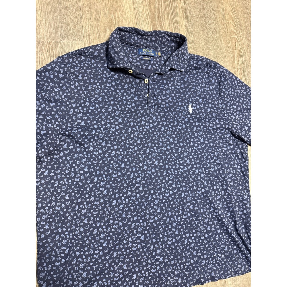Polo Ralph Lauren Mens XL Custom Slim Fit Floral Polo Shirt Navy Short Sleeve